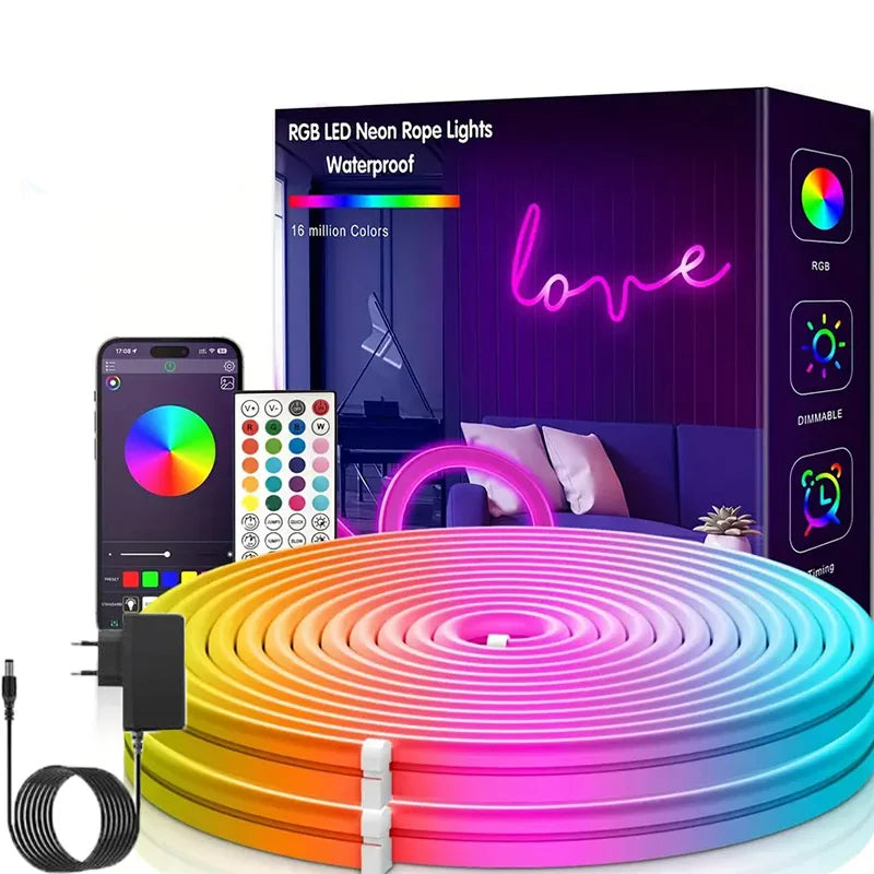 Fita LED Neon RGB - Bluetooth, Sincronização com Musica e Controlo por App Fita LED Neon RGB - Bluetooth, Sincronização com Musica e Controlo por App